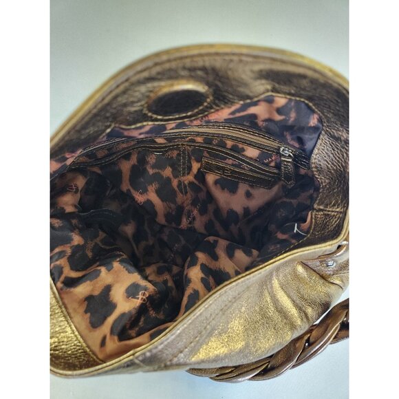 B. Makowsky Handbag Purse Metallic Bronze Purse Shoulder Leopard Liner Pockets - Picture 5 of 9